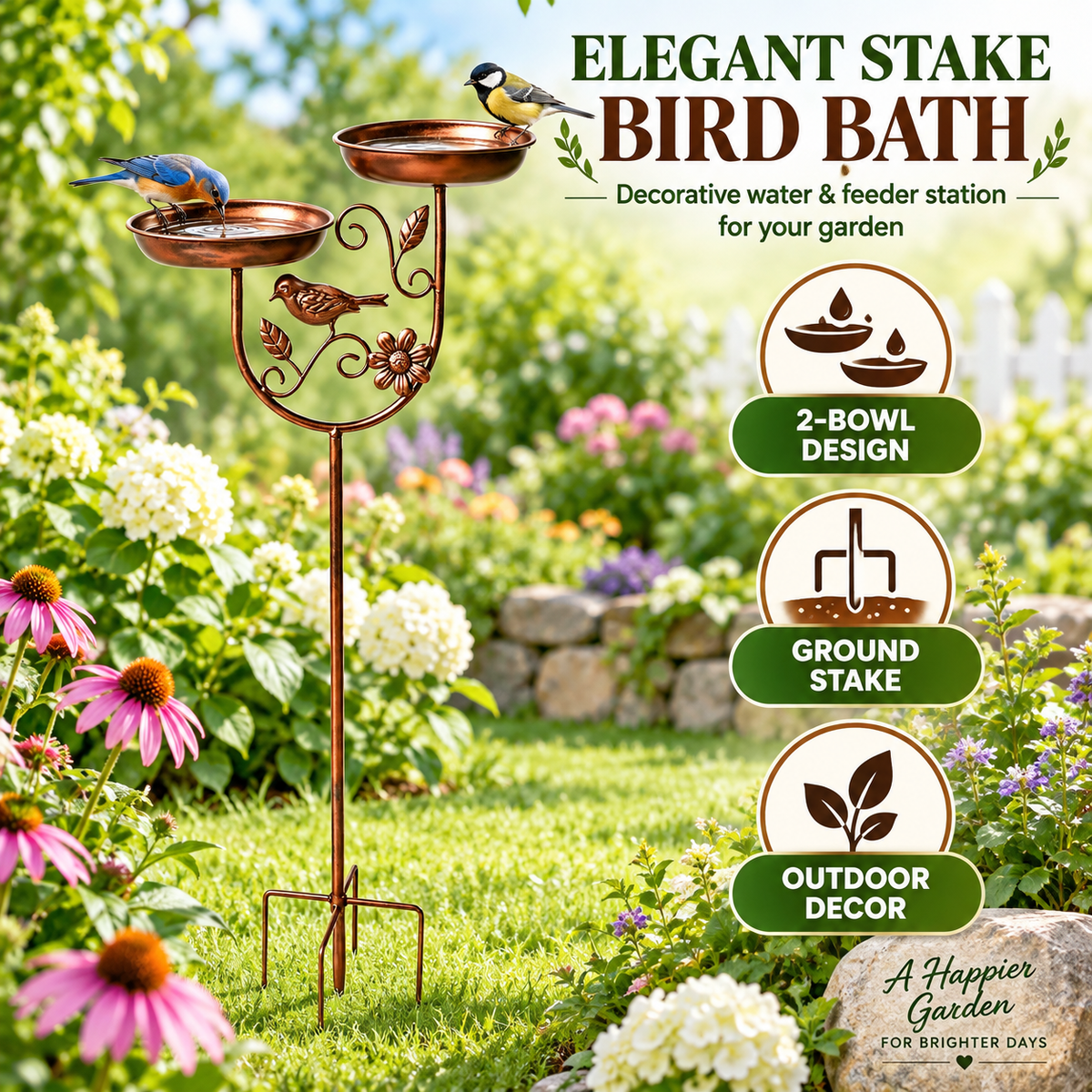 Dual-Bowl Metal Bird Bath Stake