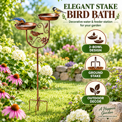 Dual-Bowl Metal Bird Bath Stake