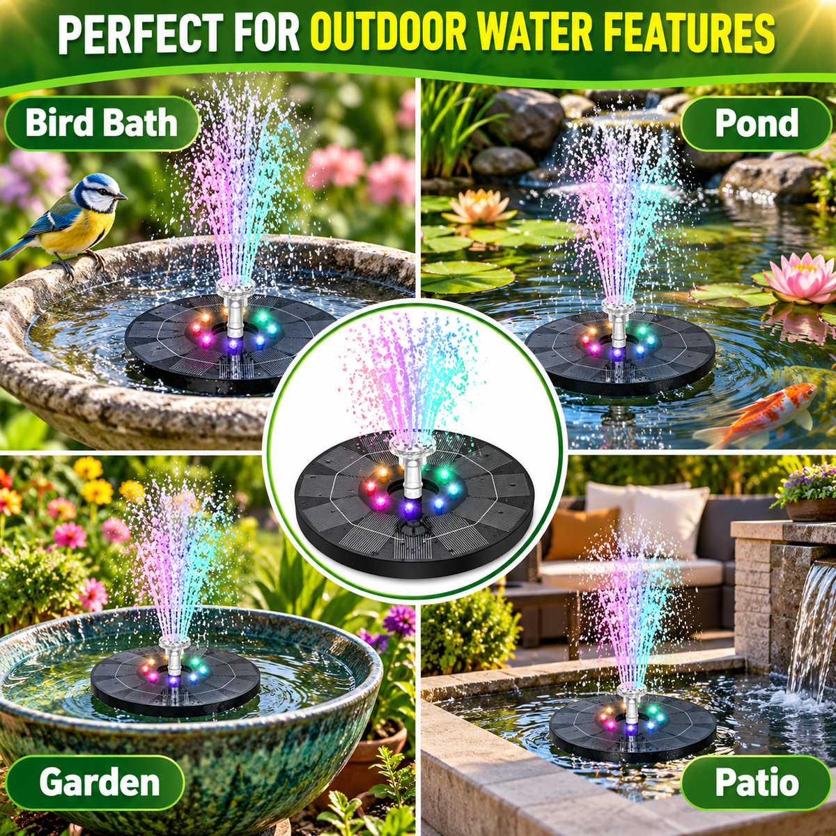 Solar Fountain Pump with LED Lights
