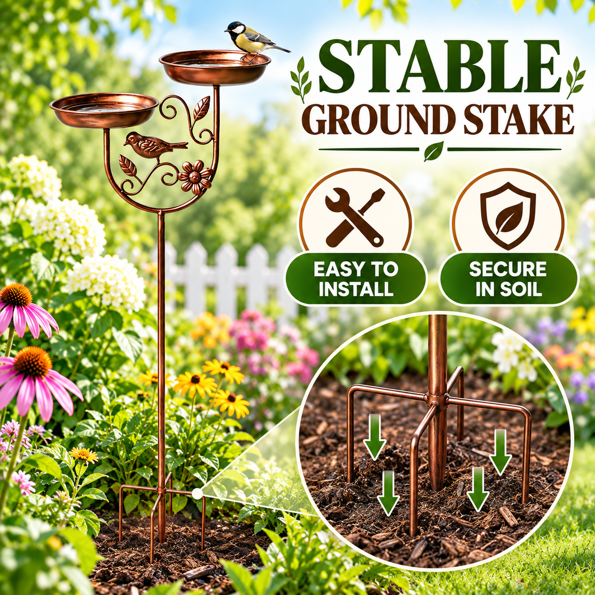 Dual-Bowl Metal Bird Bath Stake