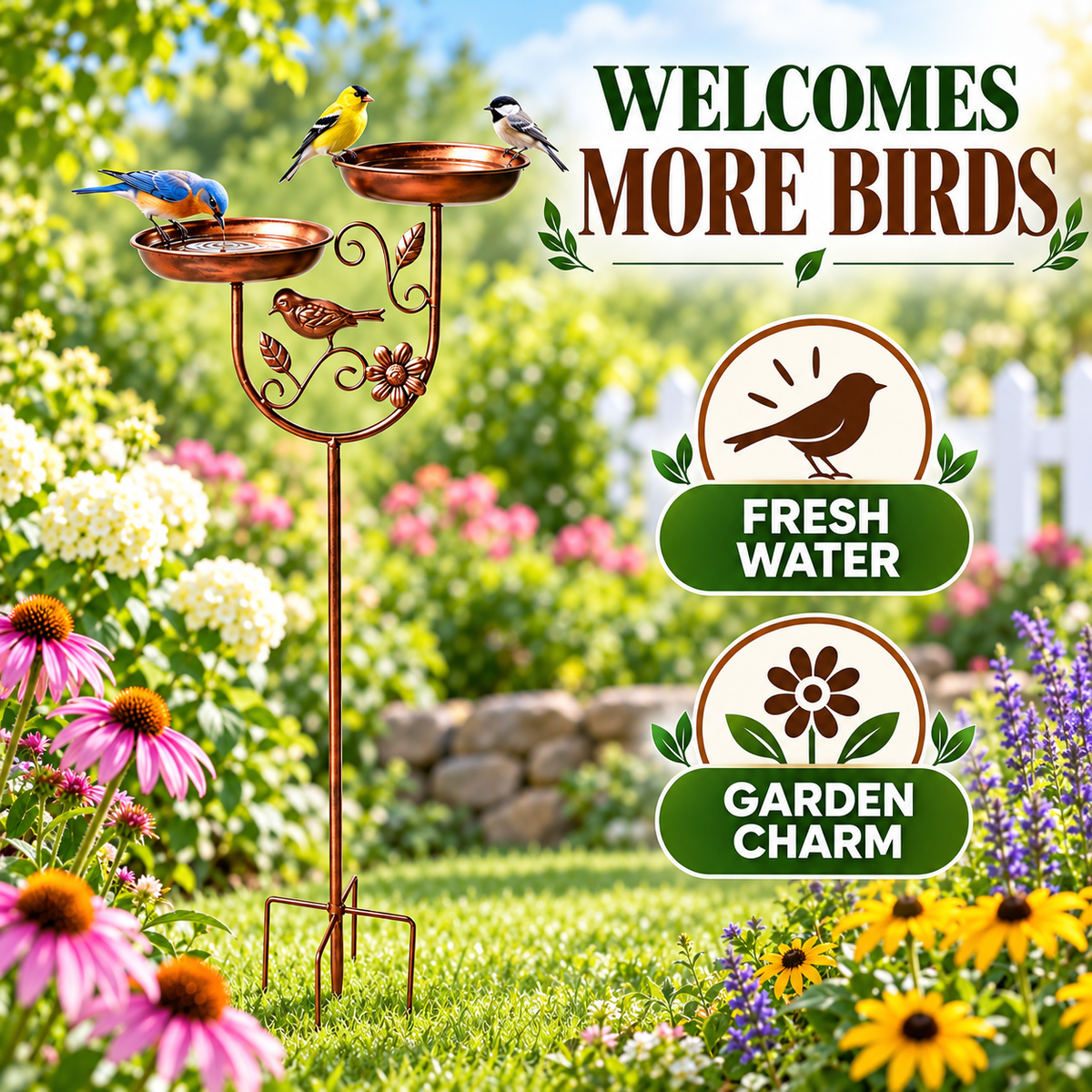 Dual-Bowl Metal Bird Bath Stake