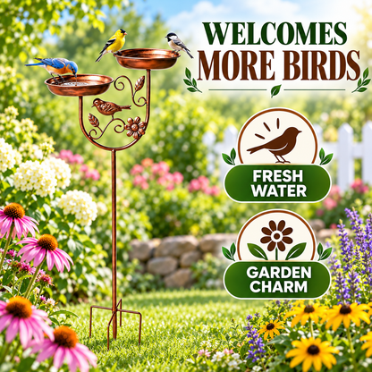 Dual-Bowl Metal Bird Bath Stake